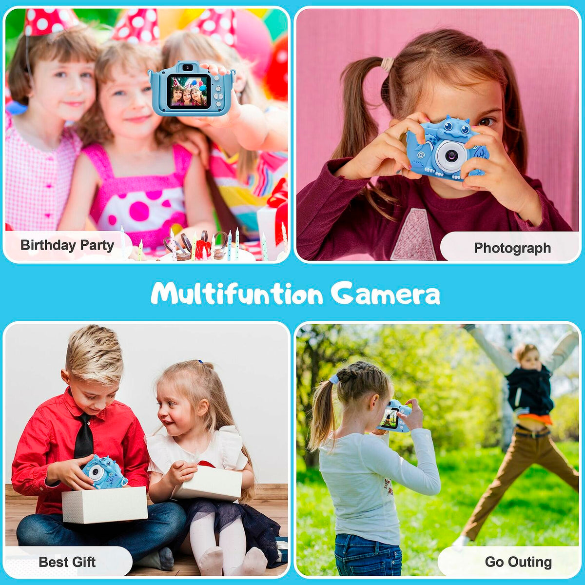 iMisH Kids Camera 1080p Video 1000mAh Battery 32GB TF Card Shockproof Blue