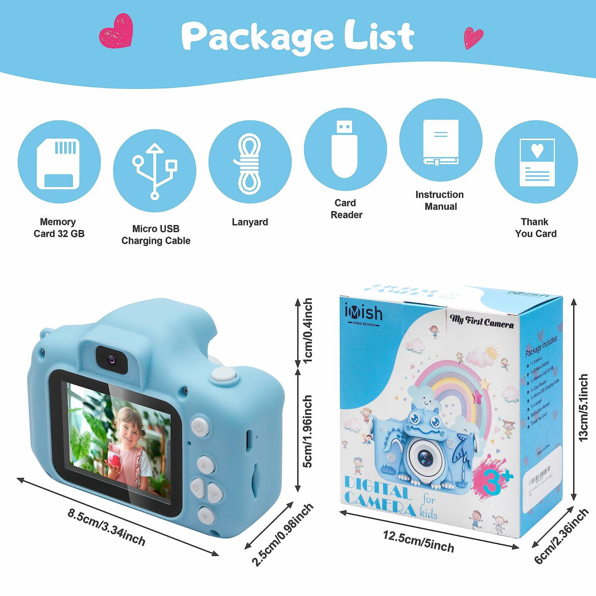 iMisH Kids Camera 1080p Video 1000mAh Battery 32GB TF Card Shockproof Blue