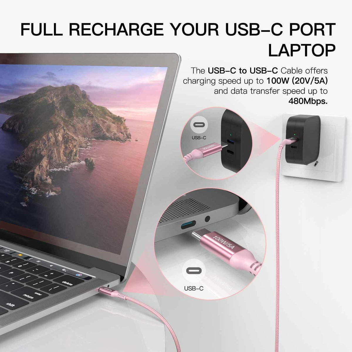 Awnuwuy USB C to USB C Cable 100W Fast Charging Pink 6.6ft 3-Pack
