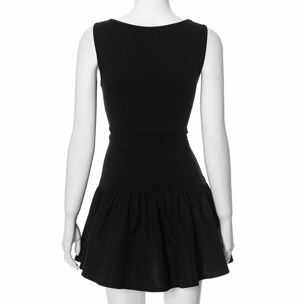 FWSAM Women Sleeveless Mini Dress Crew Neck Ruffle Hem Black Size L