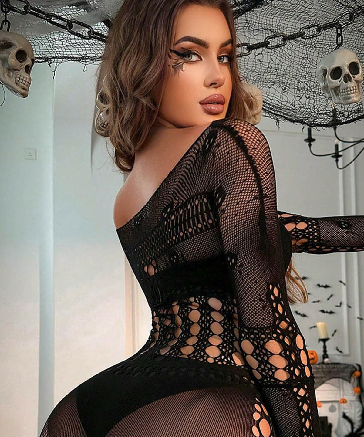 Buitifo Woman Nylon Fishnet Bodysuit Bodystocking Sexy Tights Black Size M