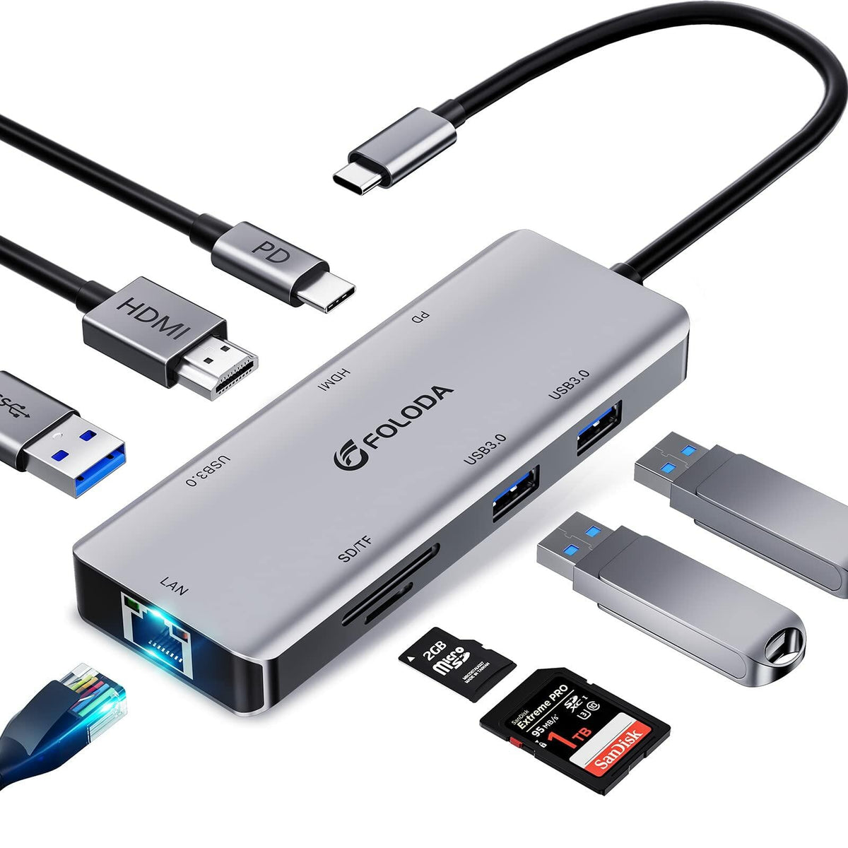 FOLODA USB C HUB 8-in-1 Docking Station HDMI 4K@60Hz Gigabit Ethernet Gray