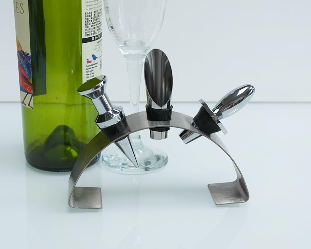 Lutong Brass Wine Bottle Stopper Set with Stainless Steel Pourer & Stand 4pcs