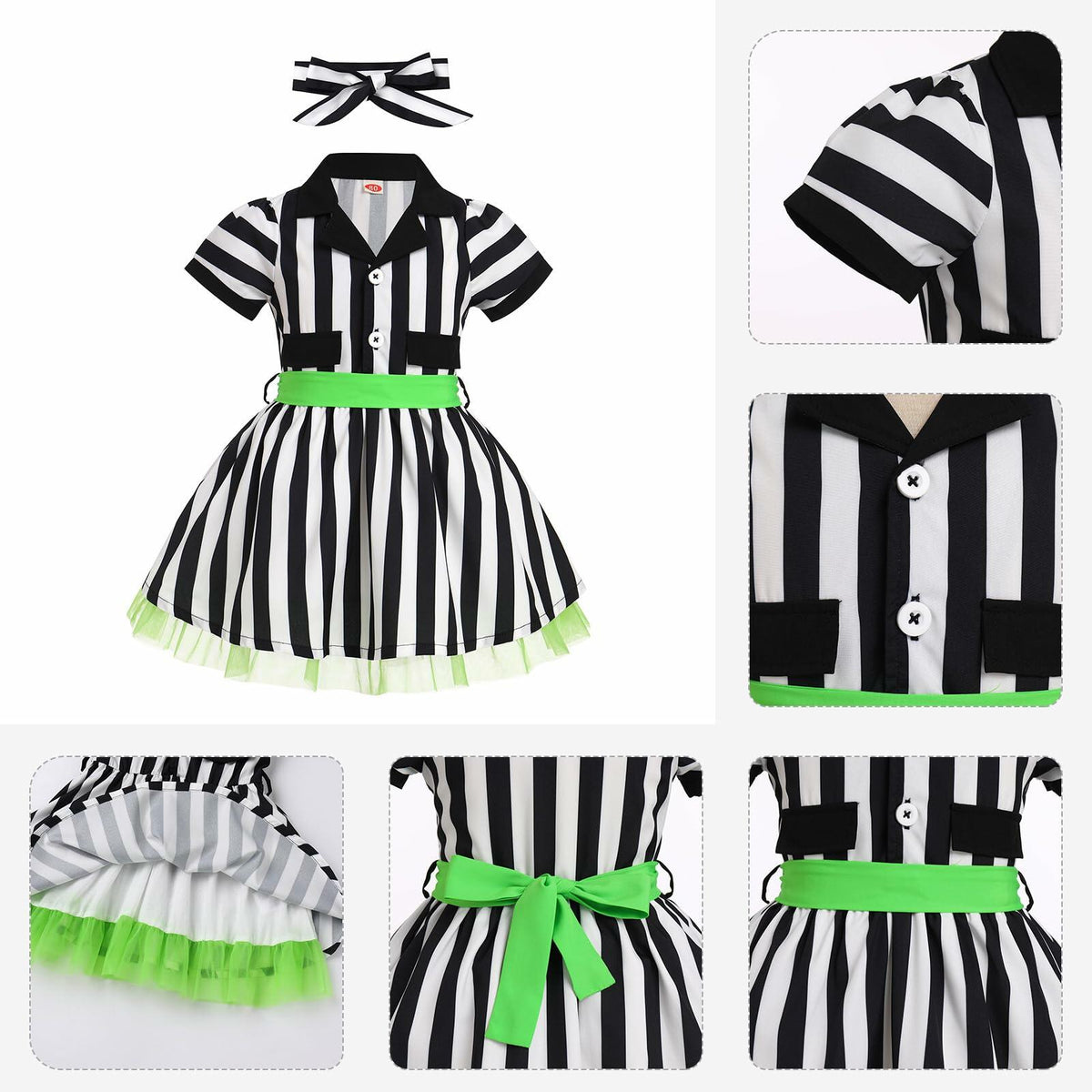 IDOPIP Toddler Girls Black White Striped Dress with Headband & Belt 4-5Y