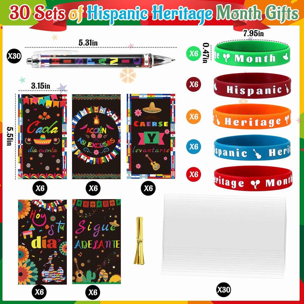MUOUAKATE 90 Pcs Hispanic Month Party Favors Silicone Bracelets Pens