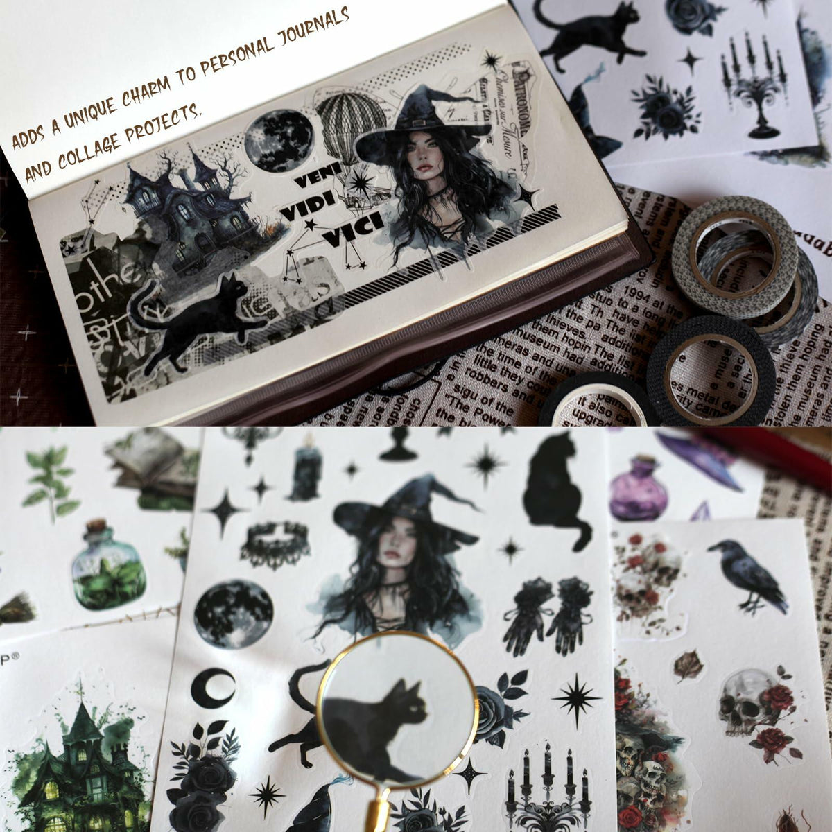 VISUMCIP Witch Stickers 10 Sheets Pre-Cut Journaling Washi Scrapbooking Magic