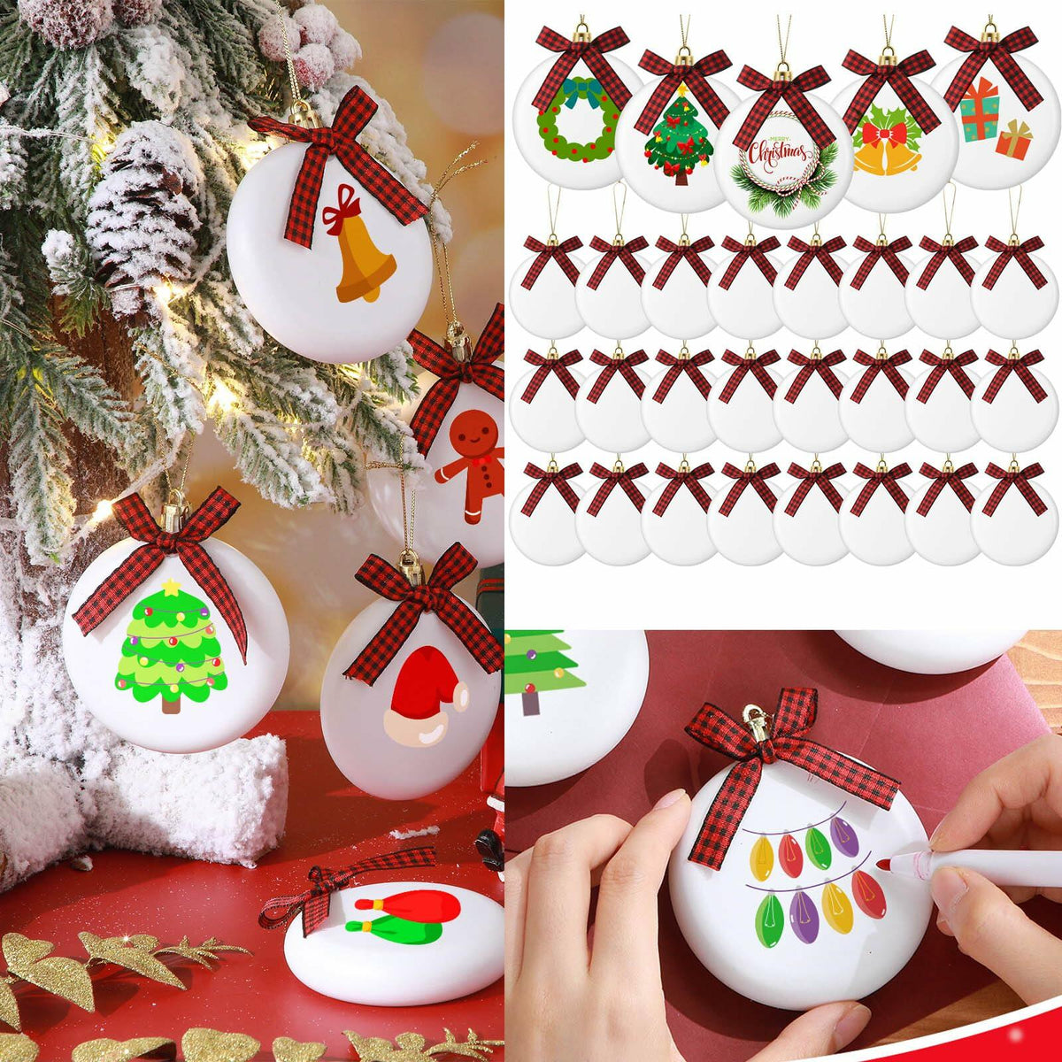 PullCrease 30pcs Blank Matte White Buffalo Plaid Christmas Ornaments Gold Rope