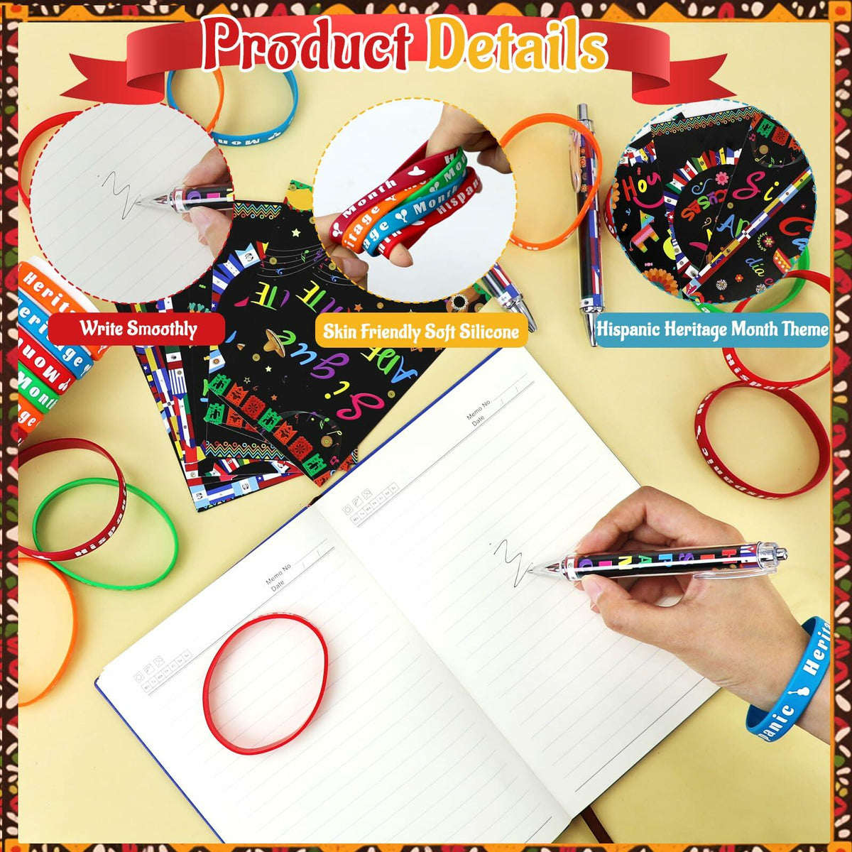 MUOUAKATE 90 Pcs Hispanic Month Party Favors Silicone Bracelets Pens