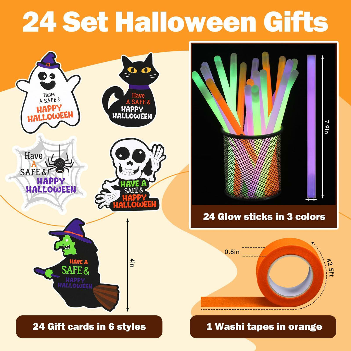 Realspring 24 Pcs Halloween Glow Sticks Purple Green Orange 0.4x7.8 Inch