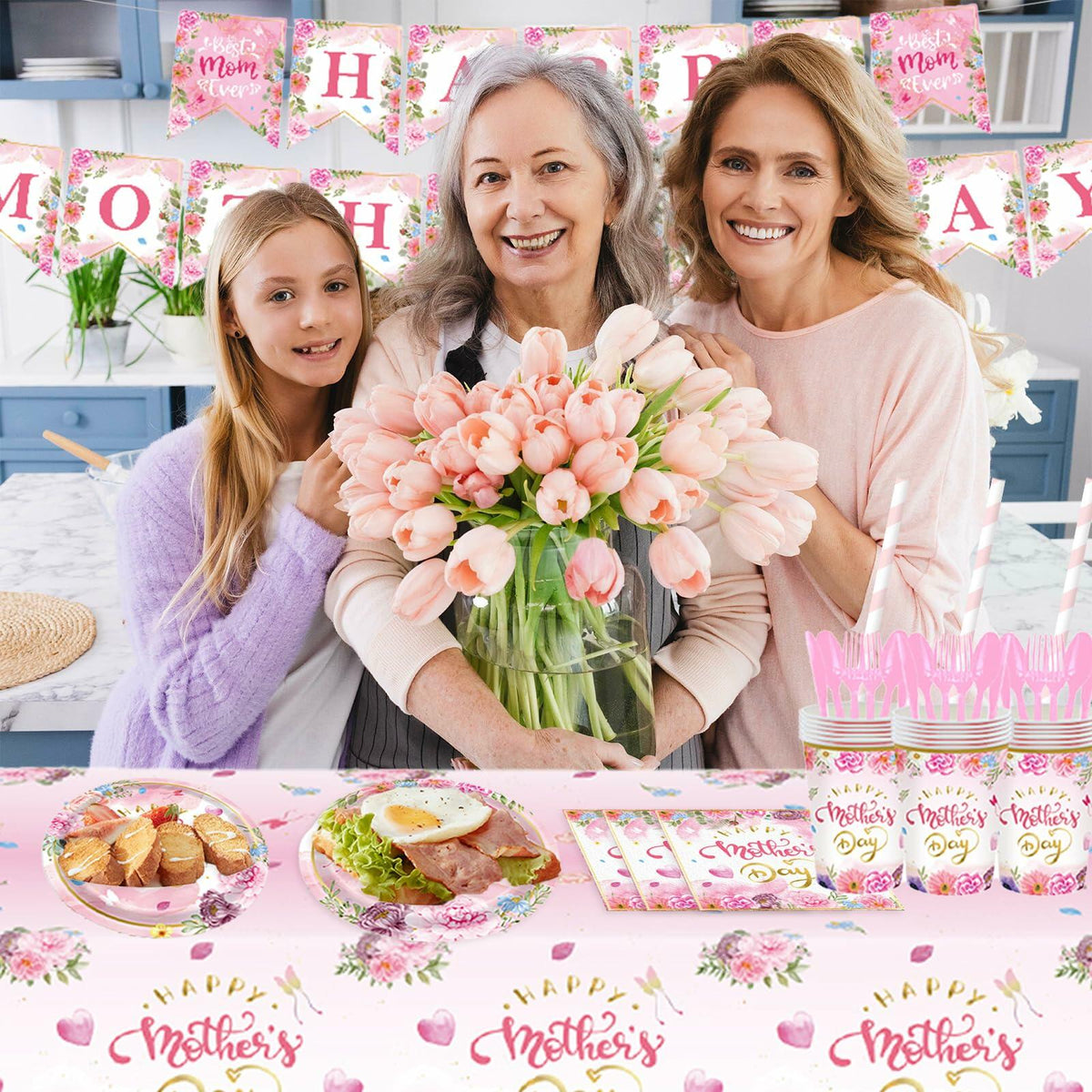 Janinus 162PCS Mothers Day Party Supplies Banner Tablecloth Heart Floral
