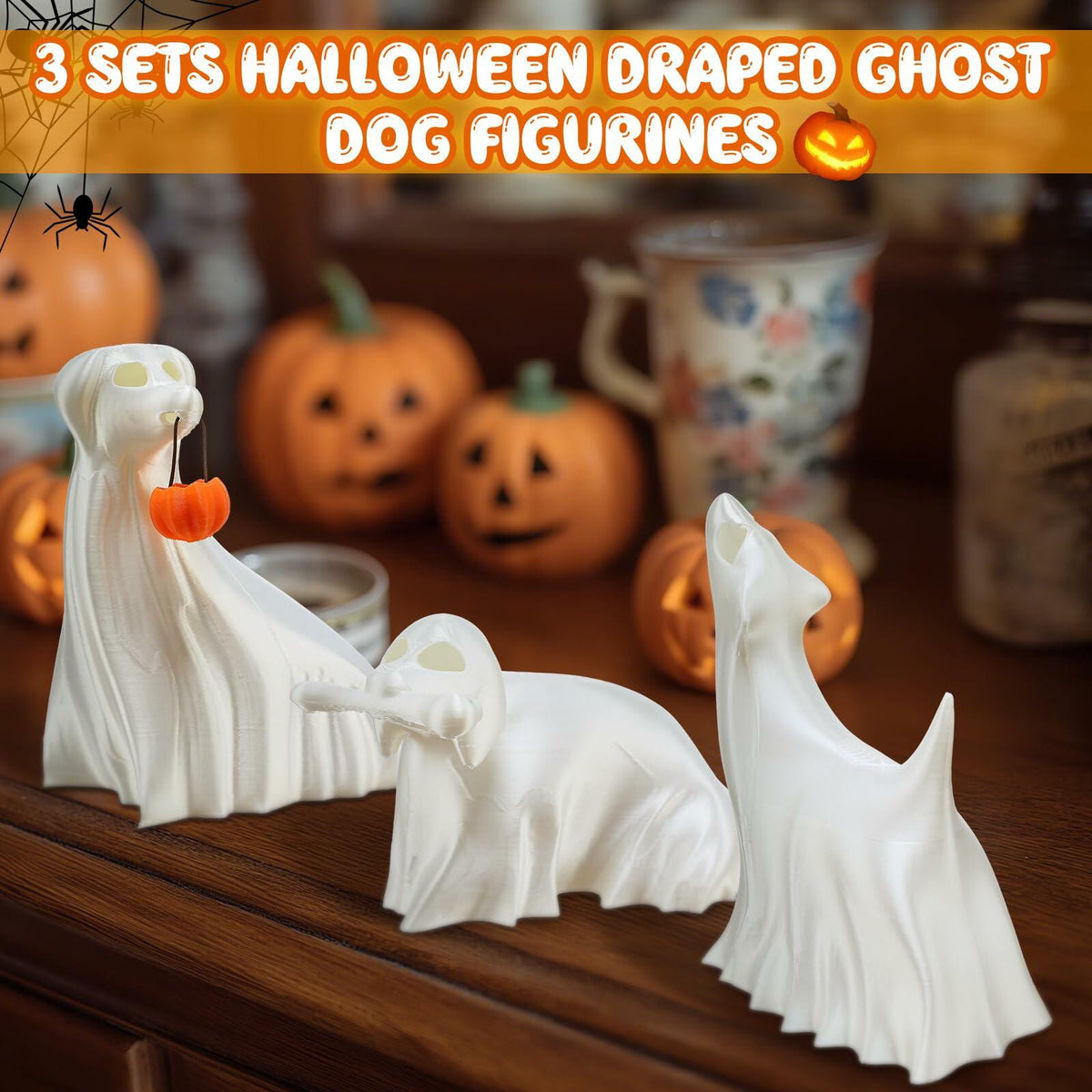 Roowest Light Up Halloween Ghost Dog Figurines Set of 3 White