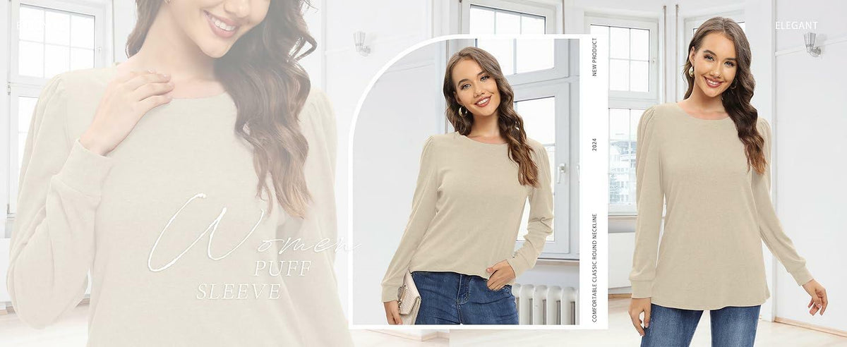 NILOUFO Women Long Sleeve T Shirt Tunic Casual Beige Size M