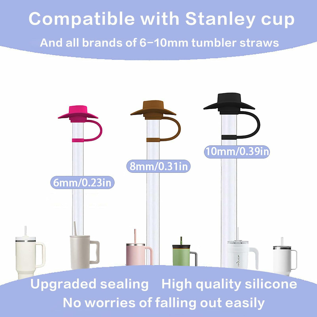 Zhoxod 6PCS Silicone Straw Covers Caps for 40oz Stanley Cups Cowboy Hat Color