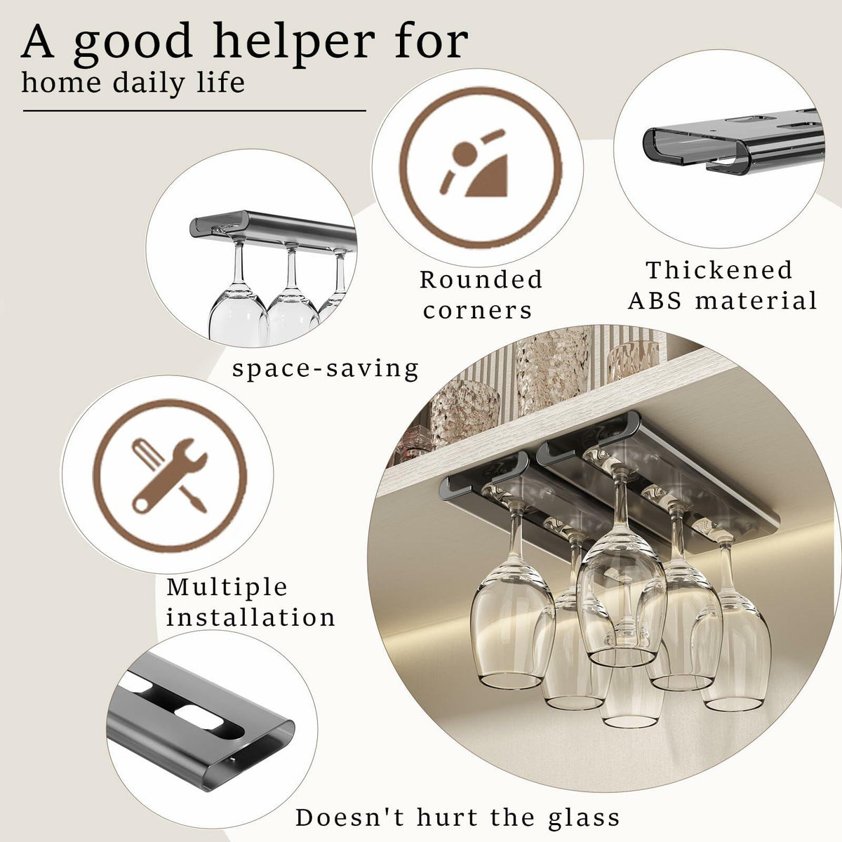 Vaisoeny 4Pack Wine Glass Holder Under Cabinet Stemware Rack Grey