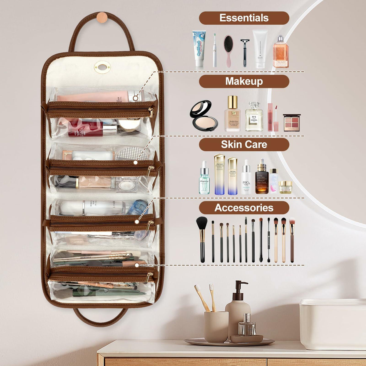 voioe Travel Makeup Organizer Bag Foldable Toiletry Large Capacity Brown