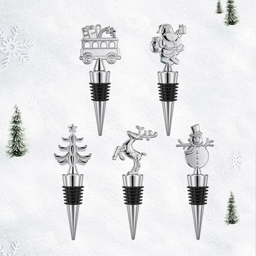 MANTIANJIN Christmas Wine Bottle Stoppers 5-Pack Zinc Alloy Silicone Silver
