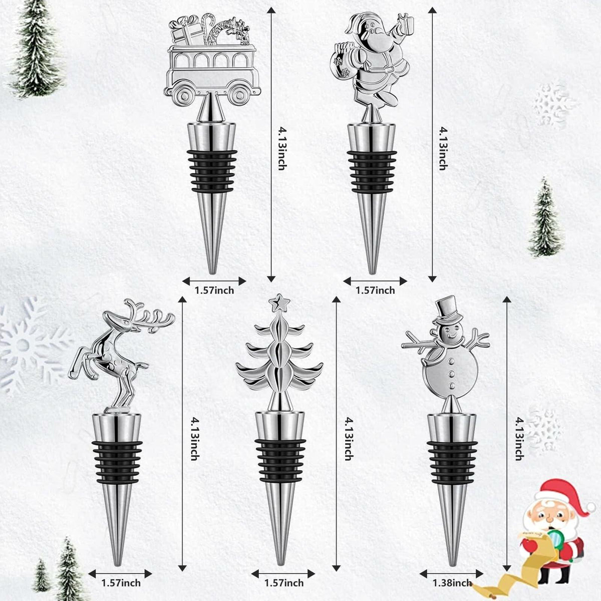 MANTIANJIN Christmas Wine Bottle Stoppers 5-Pack Zinc Alloy Silicone Silver