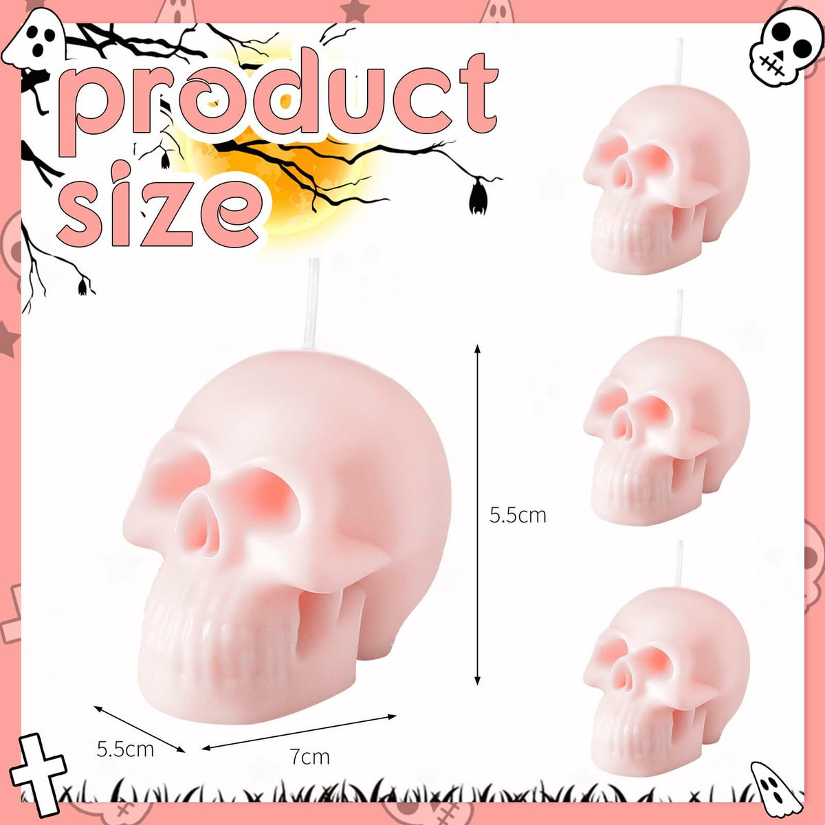 Nuanchu Halloween Skull Candles 6 Pack Large Pink Pastel Gothic Decor