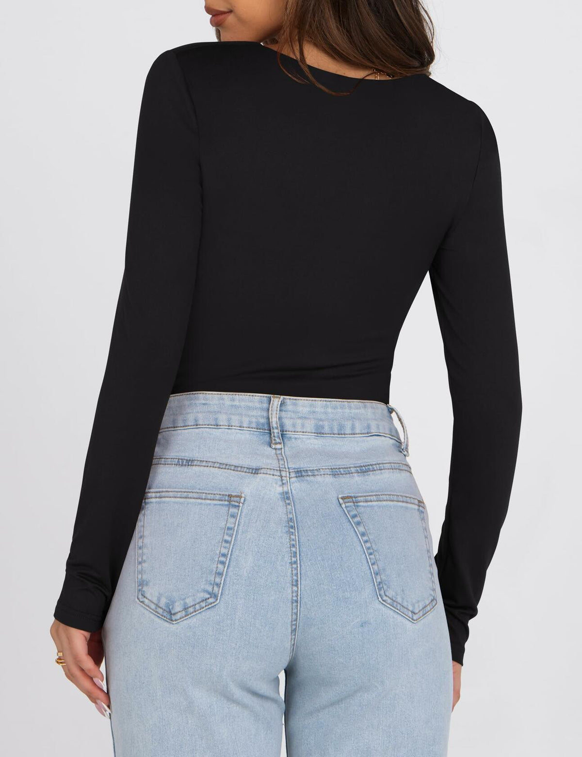 KEEPBEAUTY Womens Ruched Square Neck Long Sleeve Top Black Size L