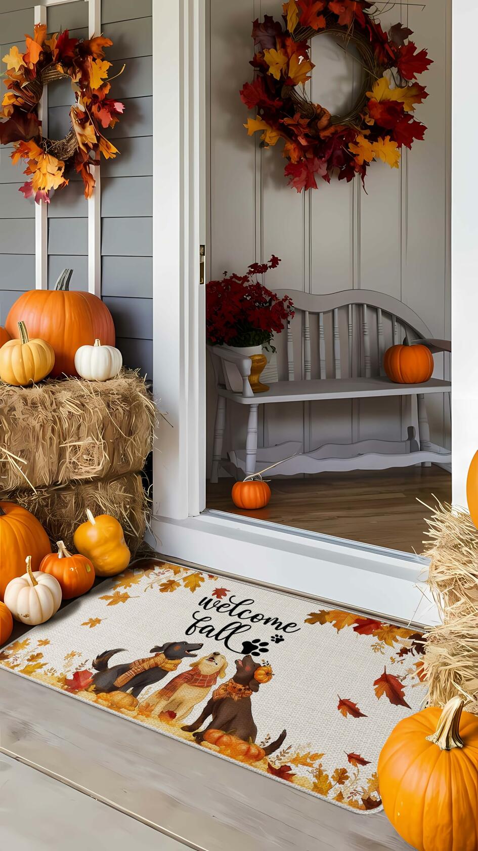 TopXmai Chinoiserie Pumpkin Door Mat 17x30 Blue White Orange Indoor Outdoor