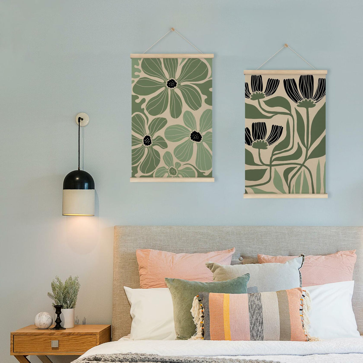 HRQKO Boho Black Flowers Wall Art Set of 2 Wooden Frames 16x24 Inch