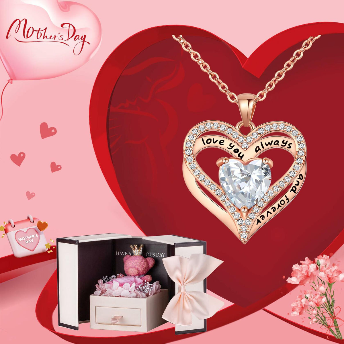 Generic Preserved Rose Gift Box with Pink Moss Bear & Necklace Gift
