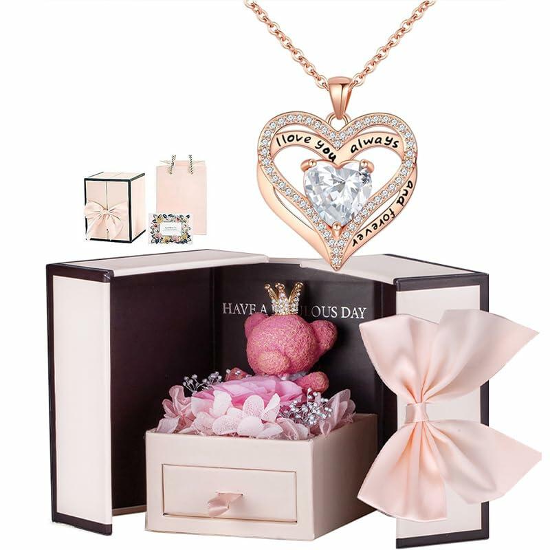 Generic Preserved Rose Gift Box with Pink Moss Bear & Necklace Gift