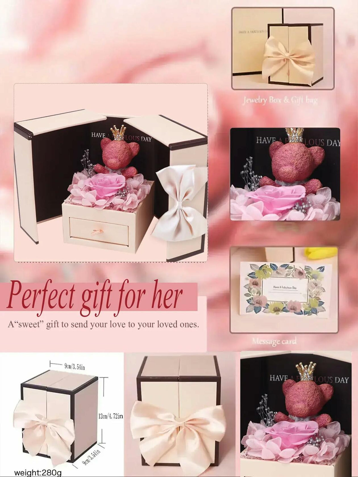 Generic Preserved Rose Gift Box with Pink Moss Bear & Necklace Gift