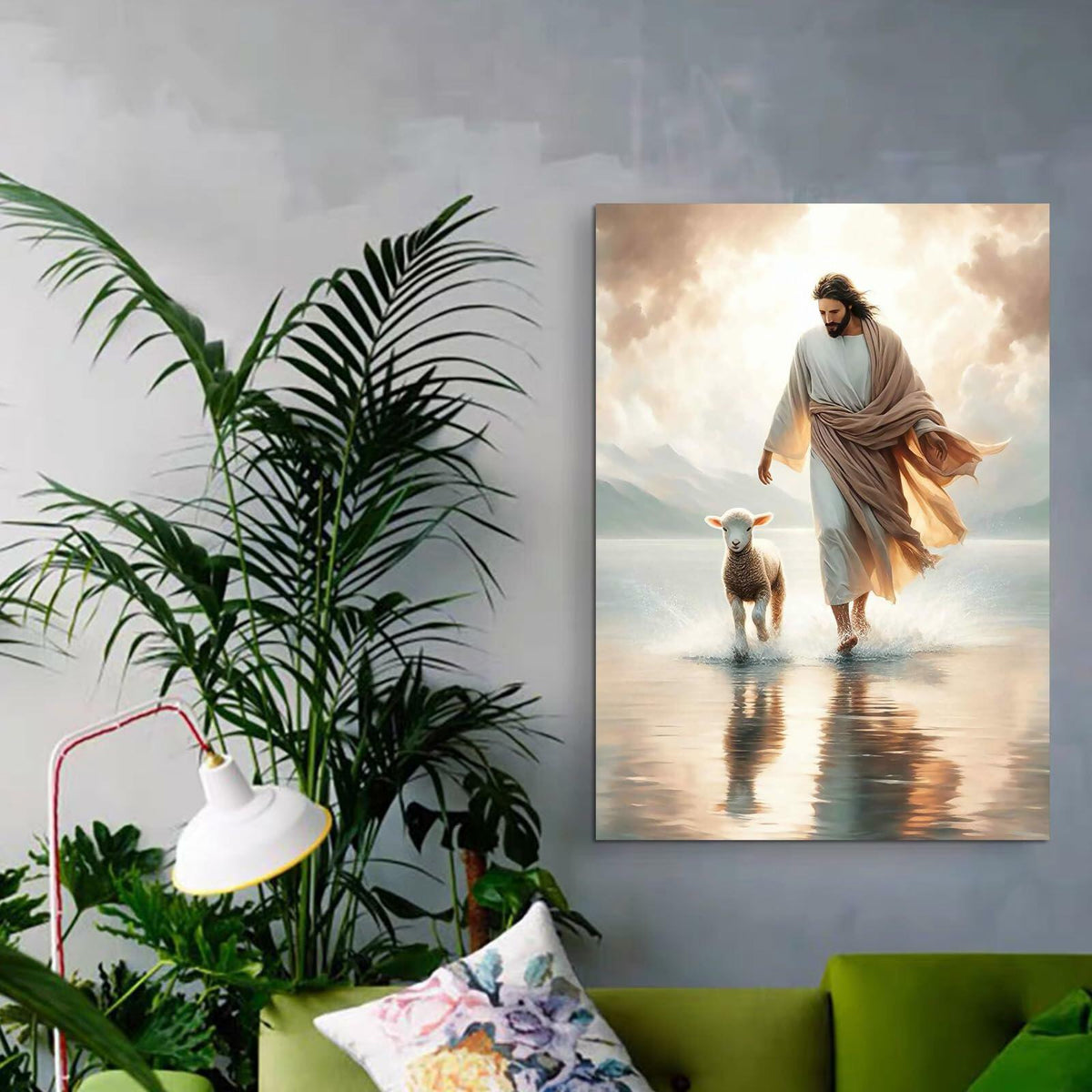Generic Jesus and Lamb Canvas Wall Art Christian Poster 16x24in YS-5 Unframed