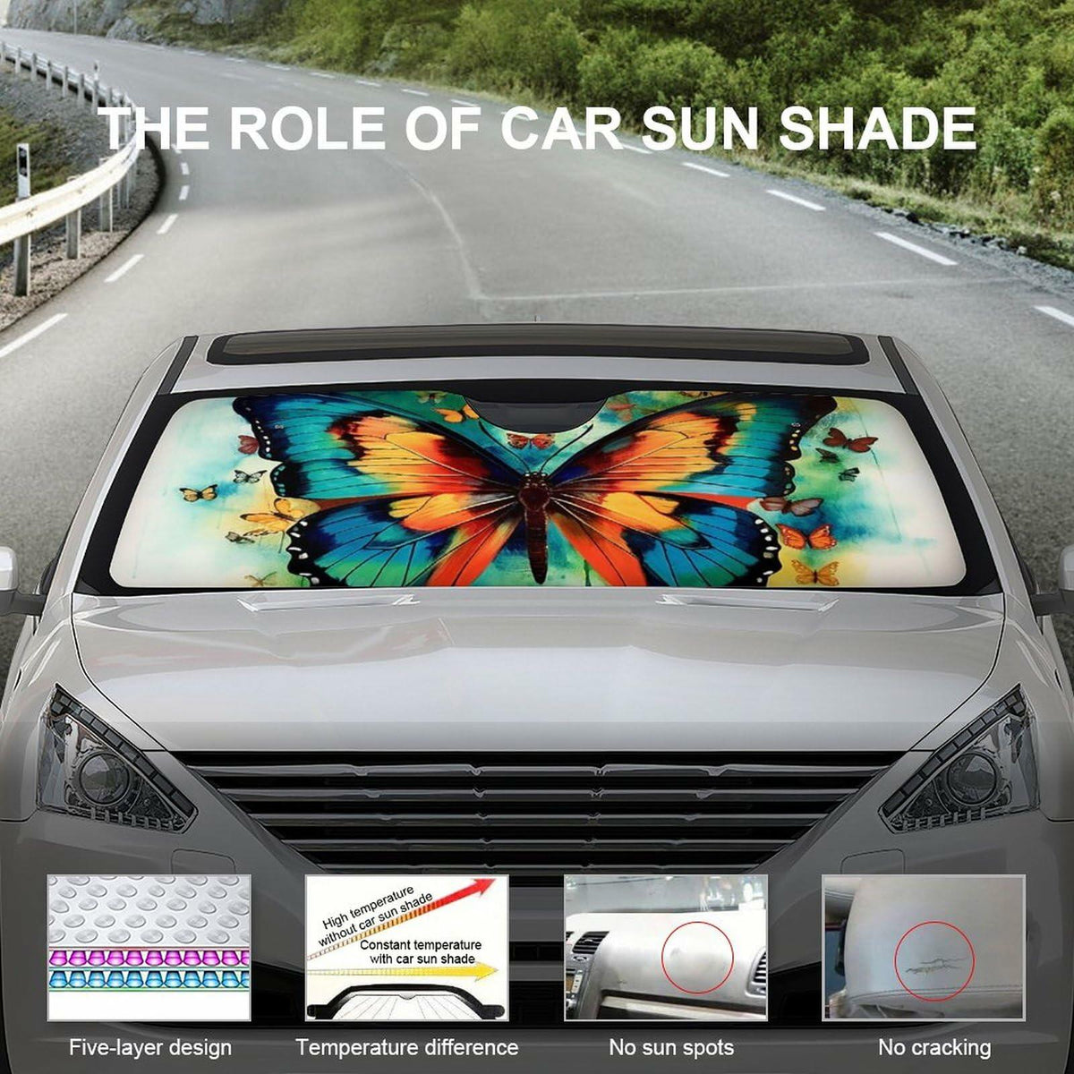 BAHELS Colorful Butterfly Car Windshield Sunshade UV Protector 55x30 Inch