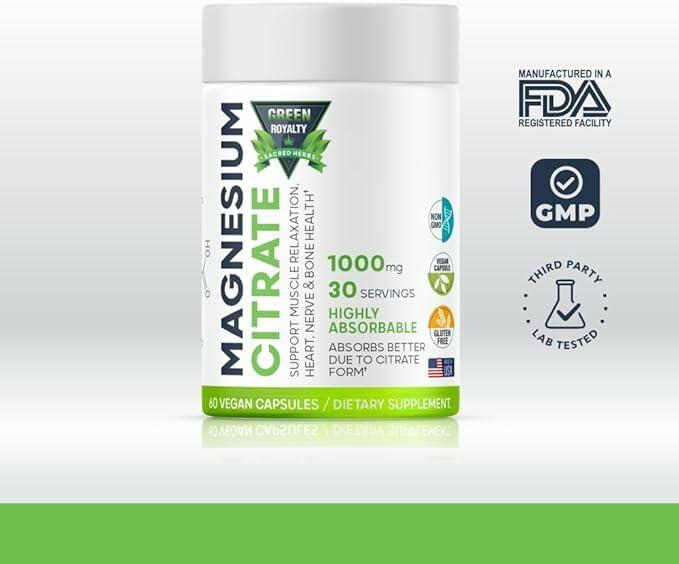 GREEN ROYALTY Magnesium Citrate 1000mg 60 Vegan Capsules Gluten Free USA