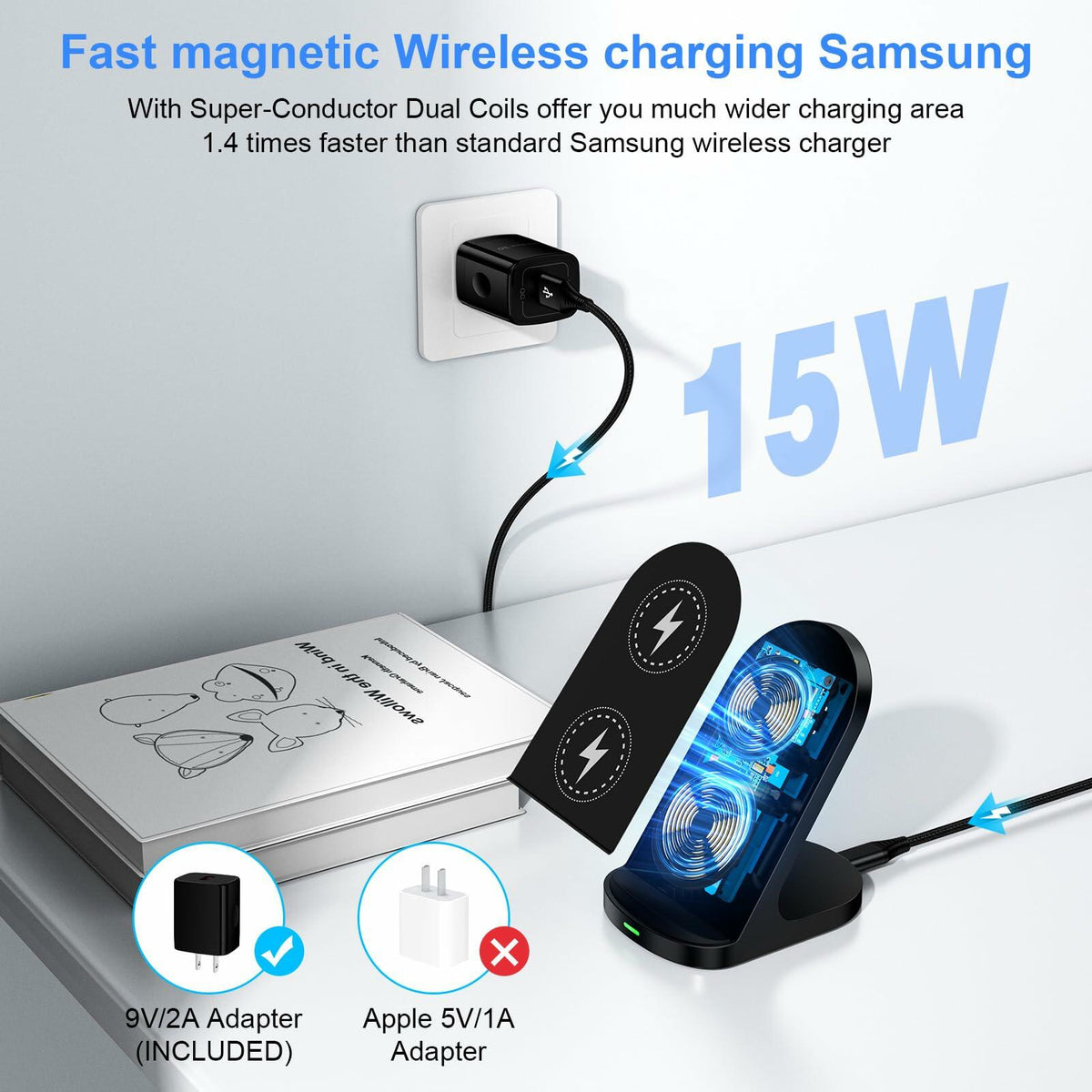 Sicodo Wireless Charger Stand 15W for Samsung S25 Ultra S24+ S23FE S22 S21 Black