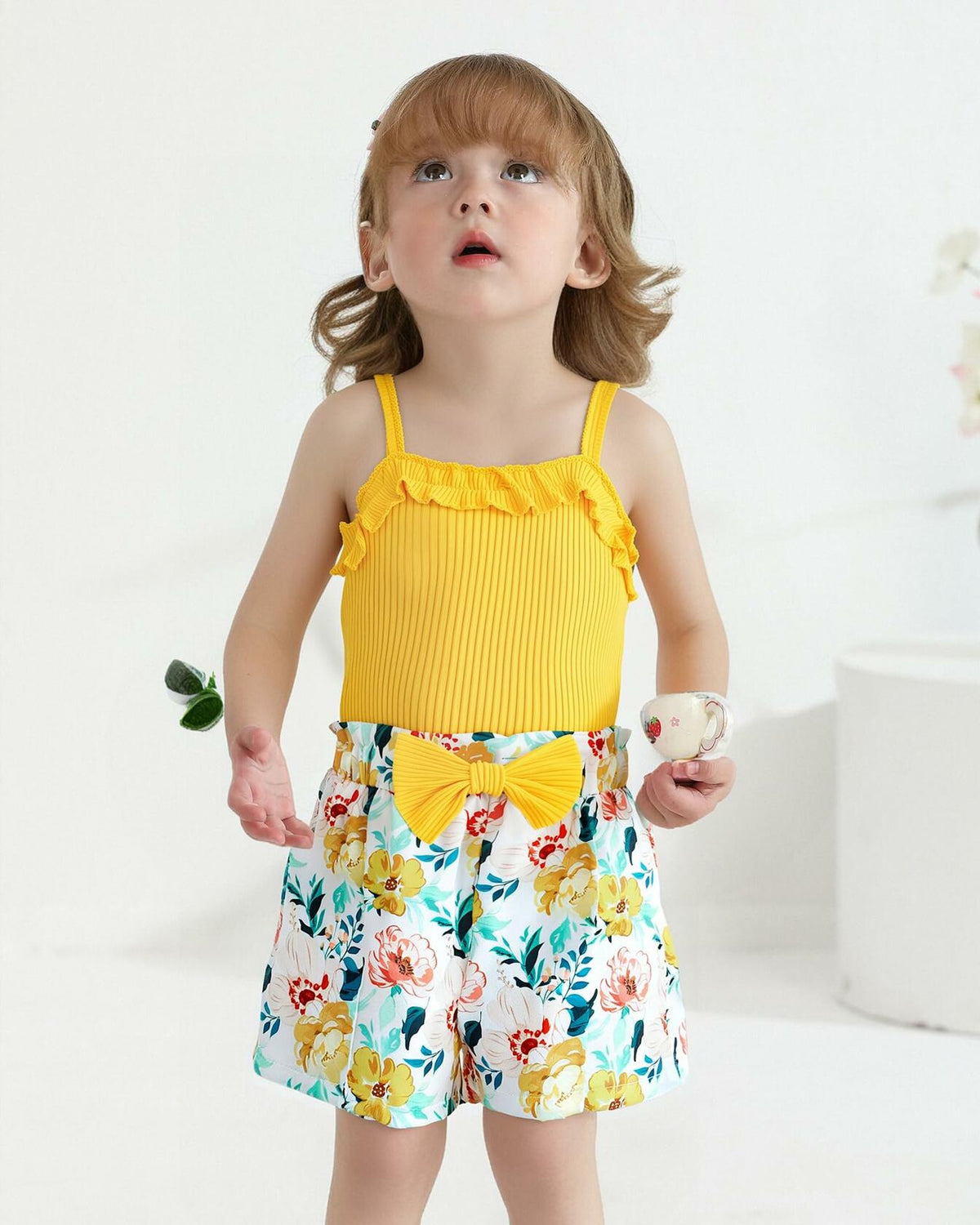 Kucnuzki Yellow Floral Sleeveless Tank Top Bow Tie Summer Shirt Size 3-4T