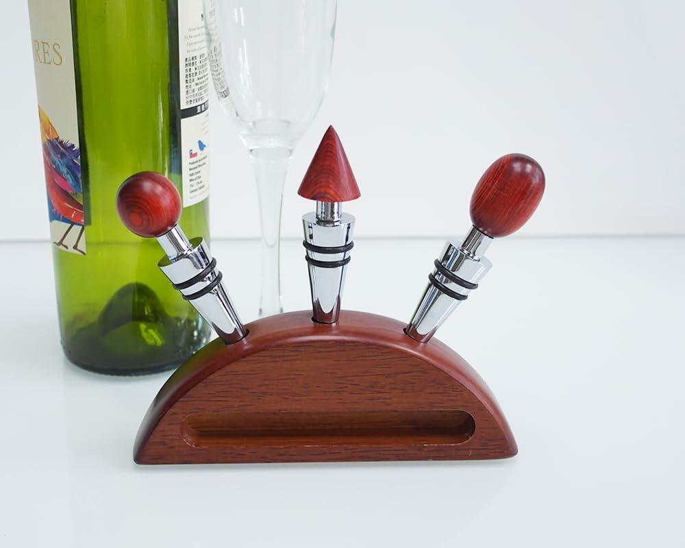 Lutong Wine Stopper Set 3pcs with Stand Wood Silver & Brown Entertainment