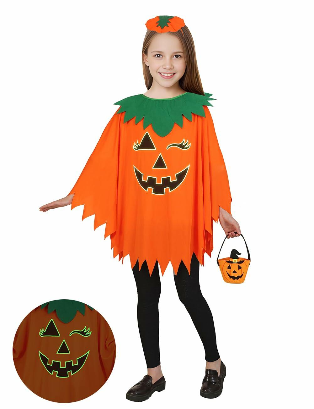 qqpouc Pumpkin Costume Glow in Dark Halloween Poncho Headband Candy Bags 3-7Y