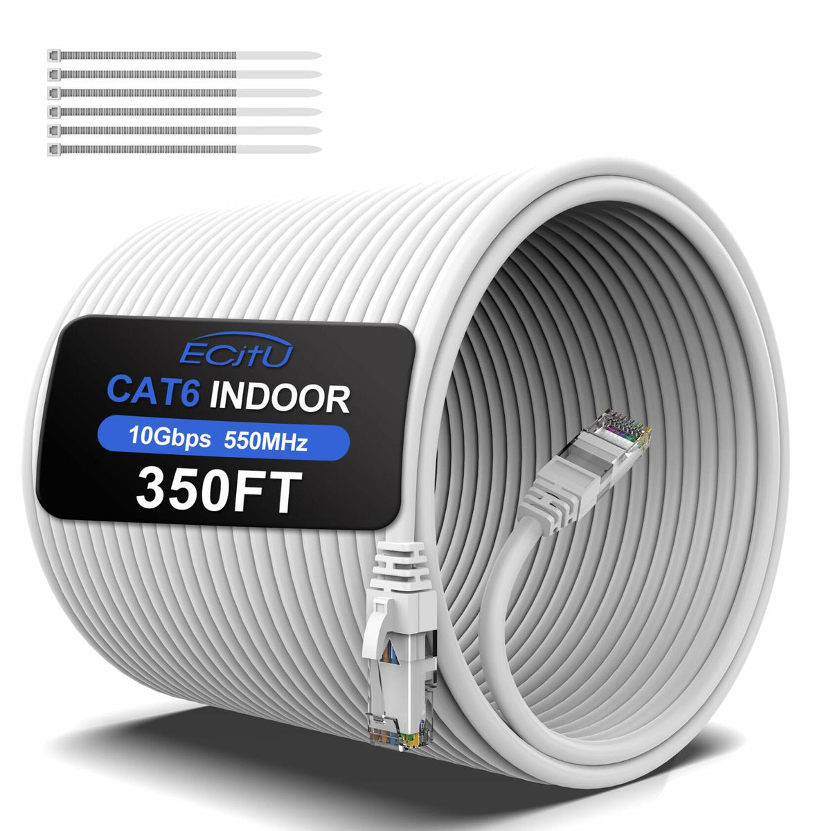 ecjtu 350FT Cat6 Ethernet Cable UTP PoE 24AWG CCA White with 25 Cable Ties