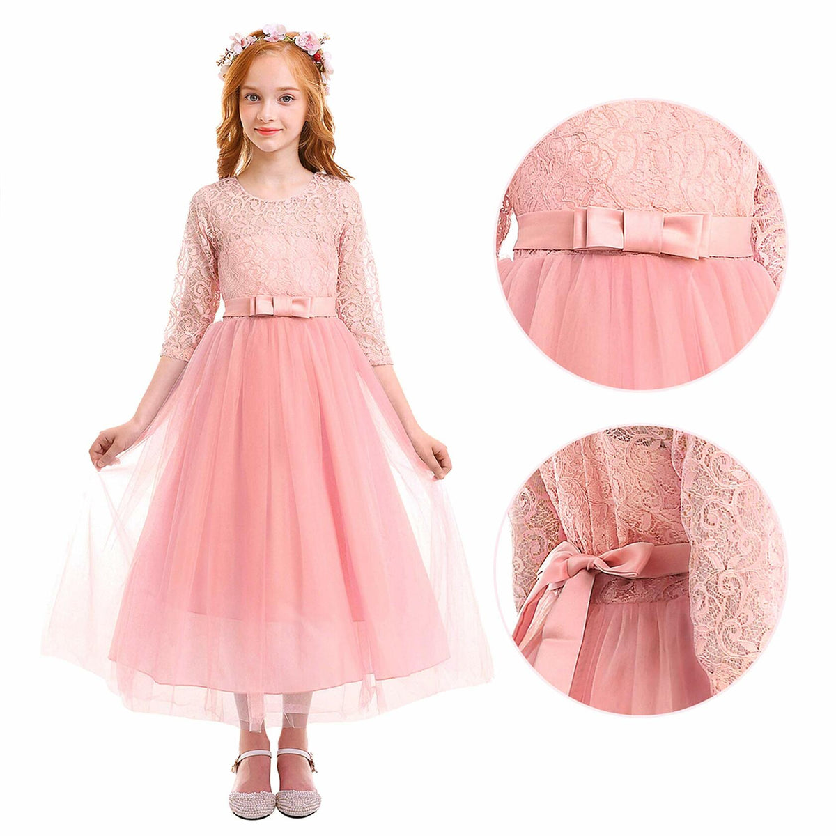 ABEHIK Flower Girls Lace Tulle Communion Dress Pink Size 2-3T