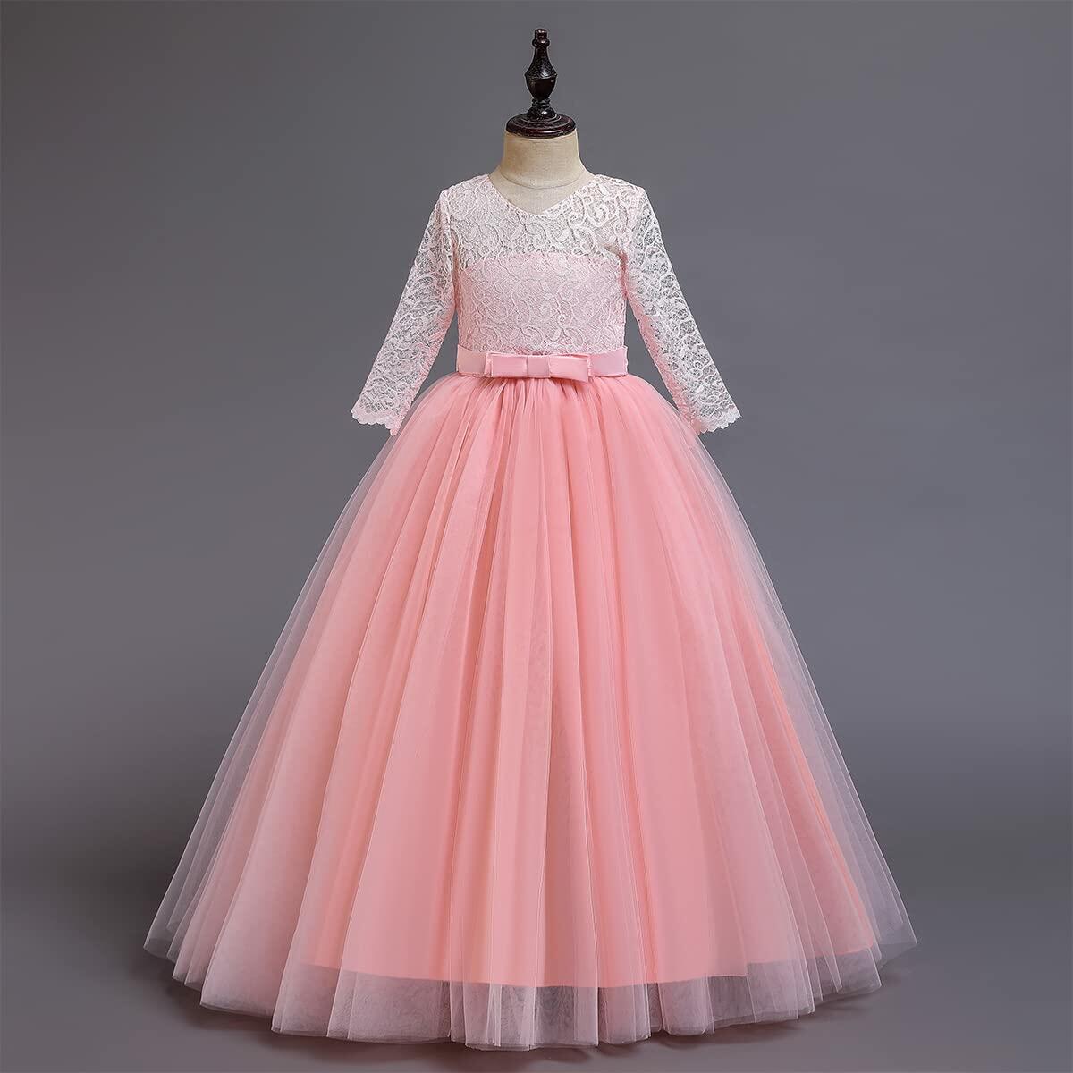 ABEHIK Flower Girls Lace Tulle Communion Dress Pink Size 2-3T