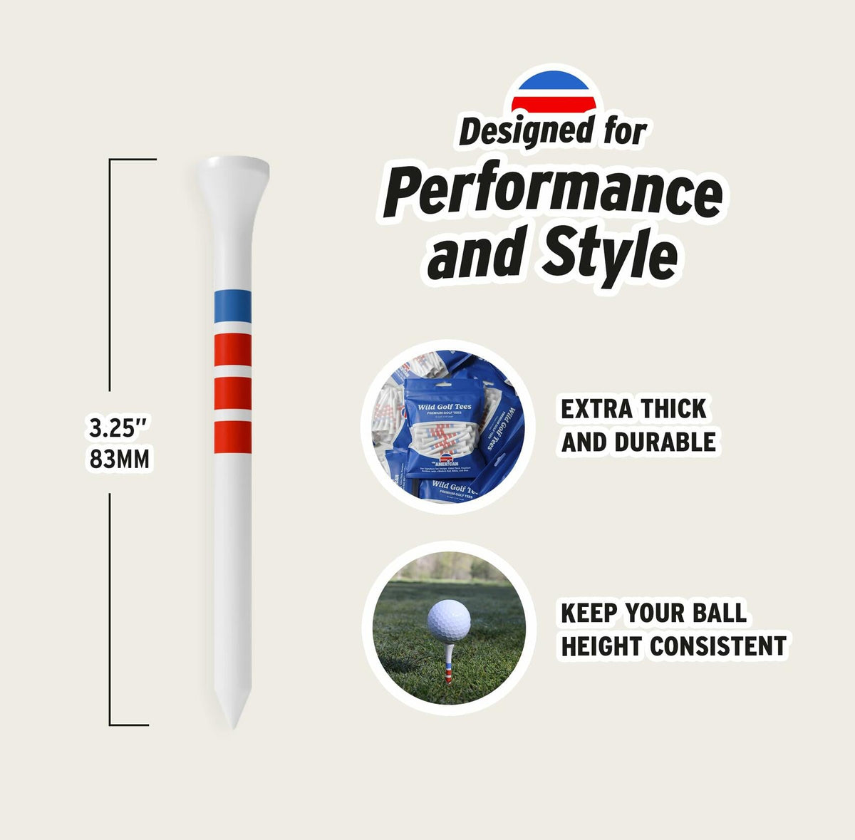 Wild Golf Wood Bamboo Golf Tees 3-1/4" Extra-Thick Red White Blue 50 Pack
