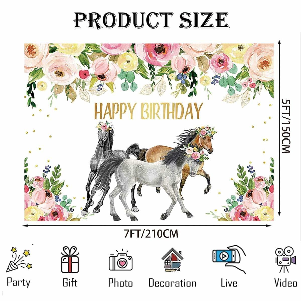 JICONEE Horse Birthday Party Backdrop Western Bohemian Wildflower 7x5ft