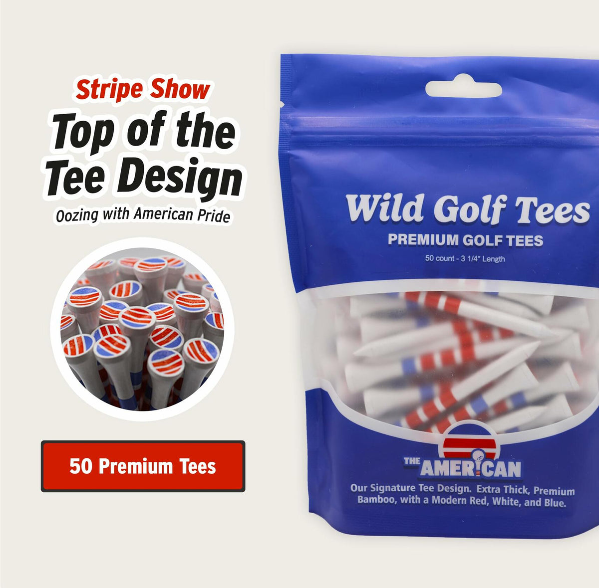 Wild Golf Wood Bamboo Golf Tees 3-1/4" Extra-Thick Red White Blue 50 Pack
