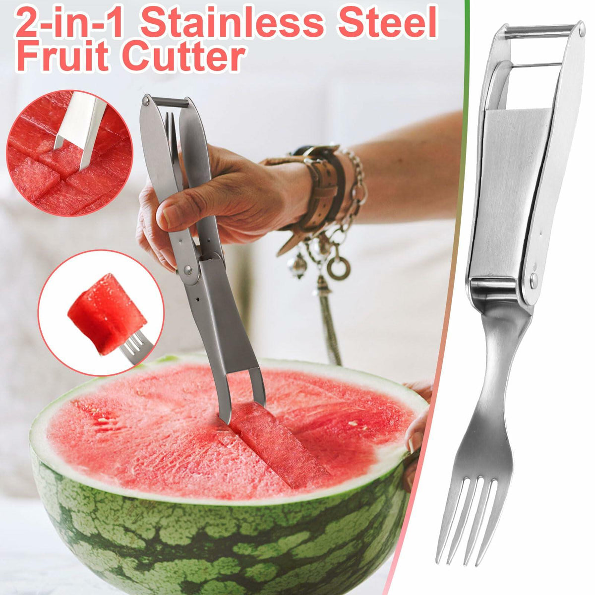 TAOTOP 2PCS Stainless Steel Watermelon Fork Slicer 2-in-1 Portable Silver