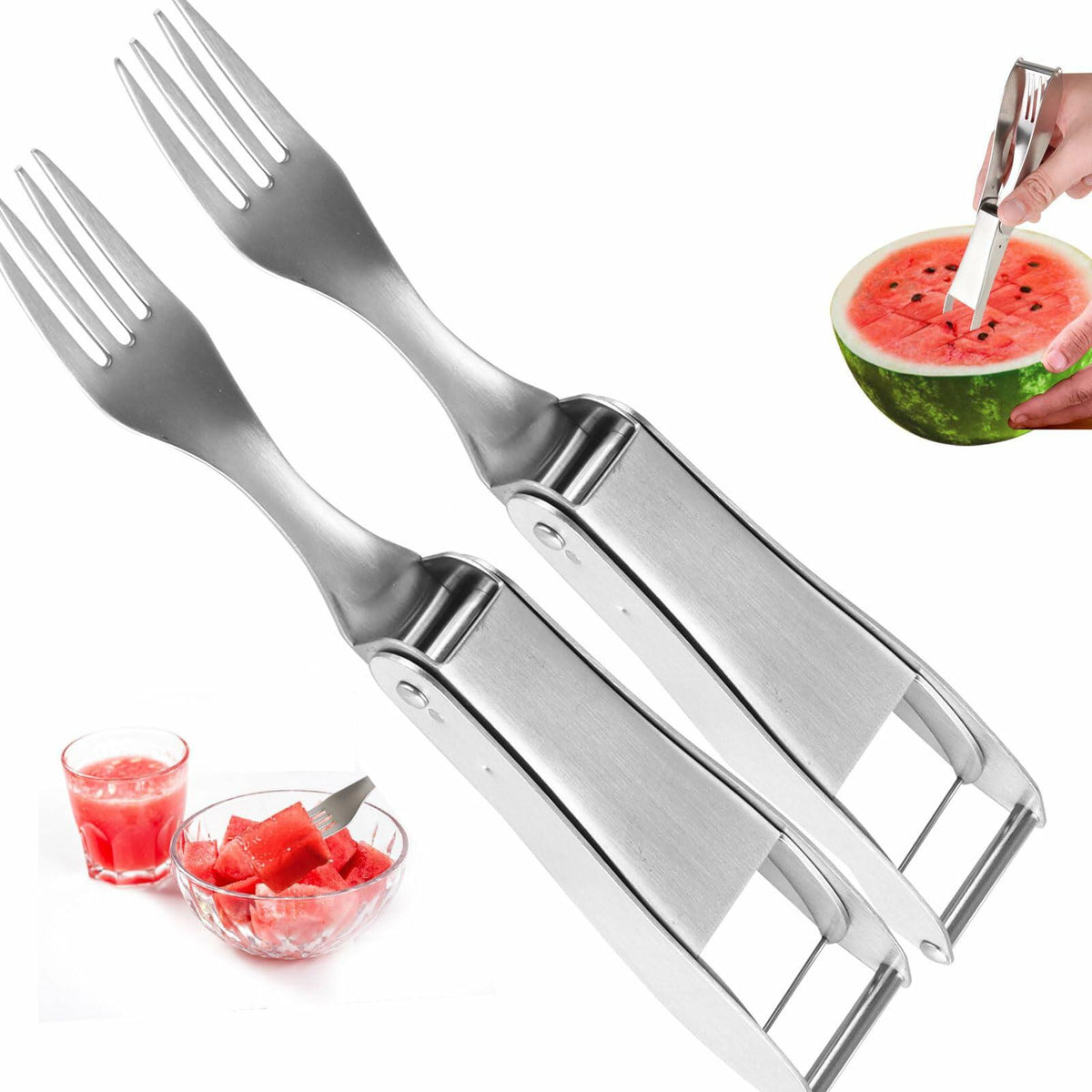 TAOTOP 2PCS Stainless Steel Watermelon Fork Slicer 2-in-1 Portable Silver