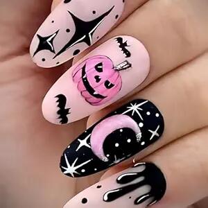 Pink Halloween Press On Nails Almond Matte Pumpkin Bat Design 24pcs