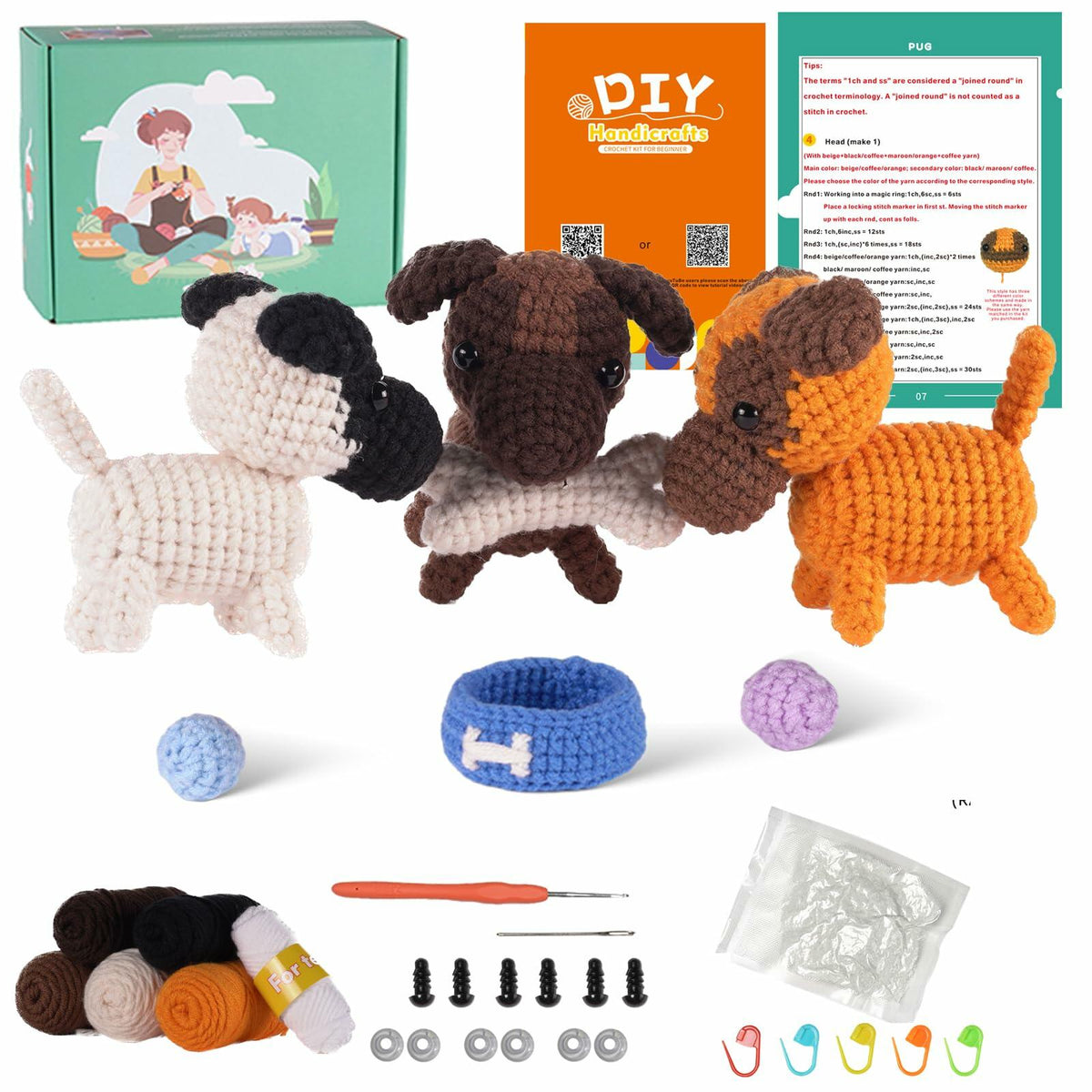 Finnacy Crochet Dog Kit Husky 3 pcs Yarn Hook Accessories Starter Kit