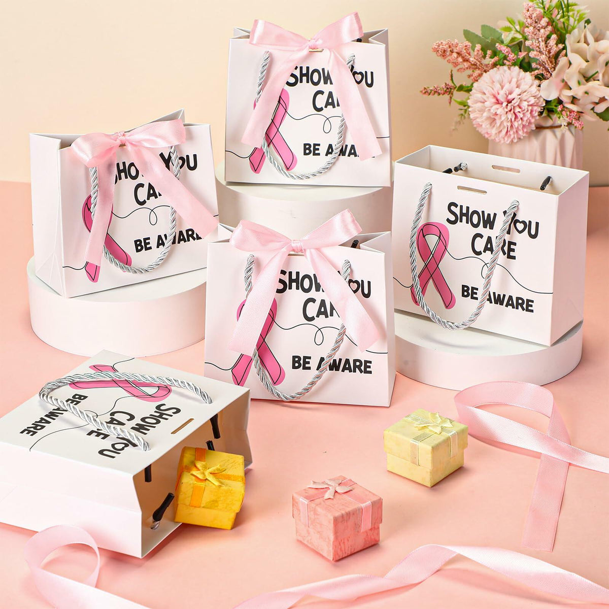 Weekgrat 25 Pack Breast Cancer Awareness Gift Bags Pink Ribbon 5.51x2.36x4.72in