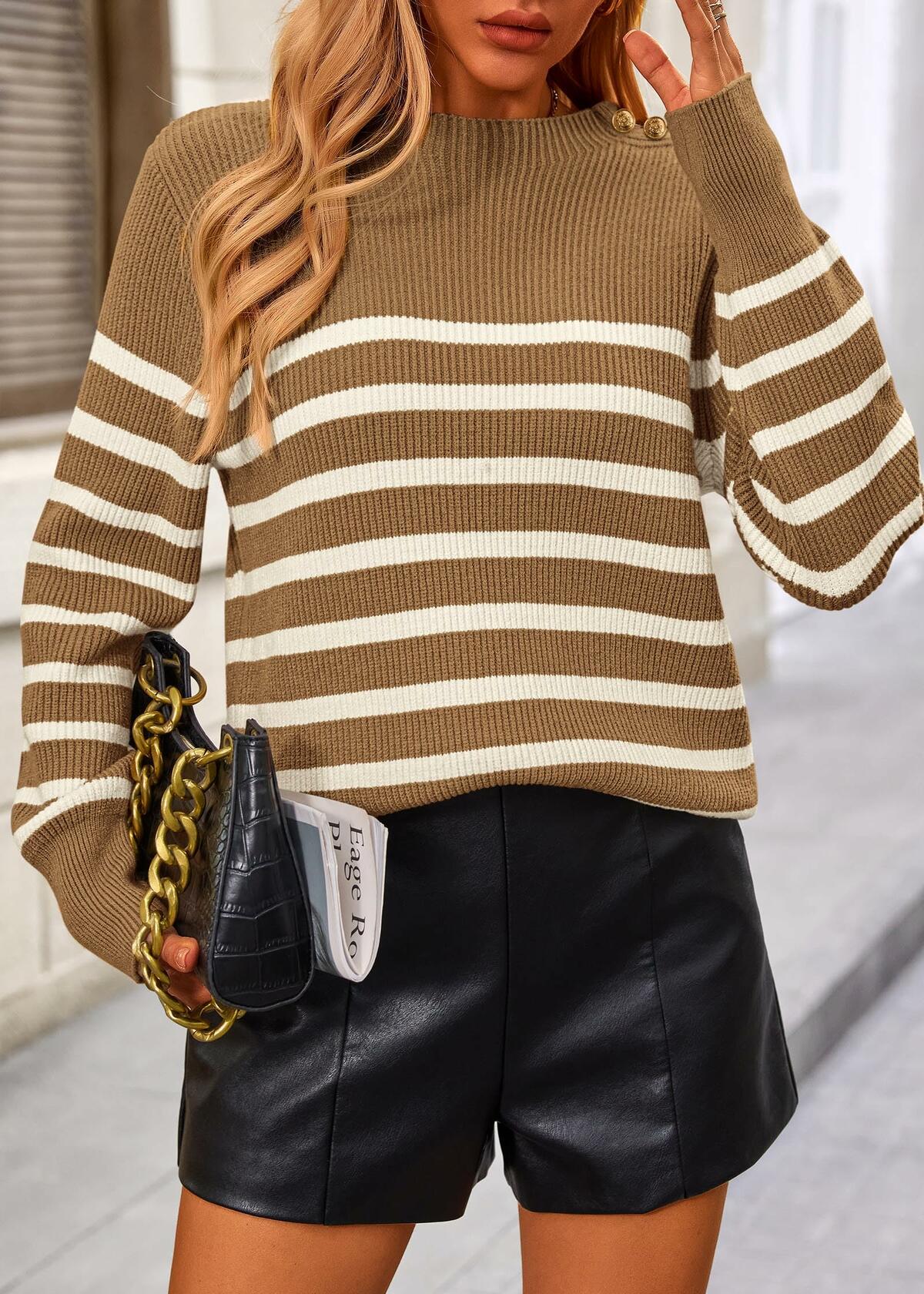 KIRUNDO Women's Striped Ribbed Knit Sweater Crewneck Metal Buttons Camel Size M