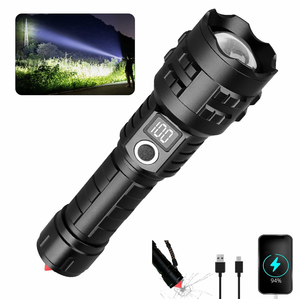Wboxlizy Rechargeable Tactical Flashlight Waterproof Super Bright Black