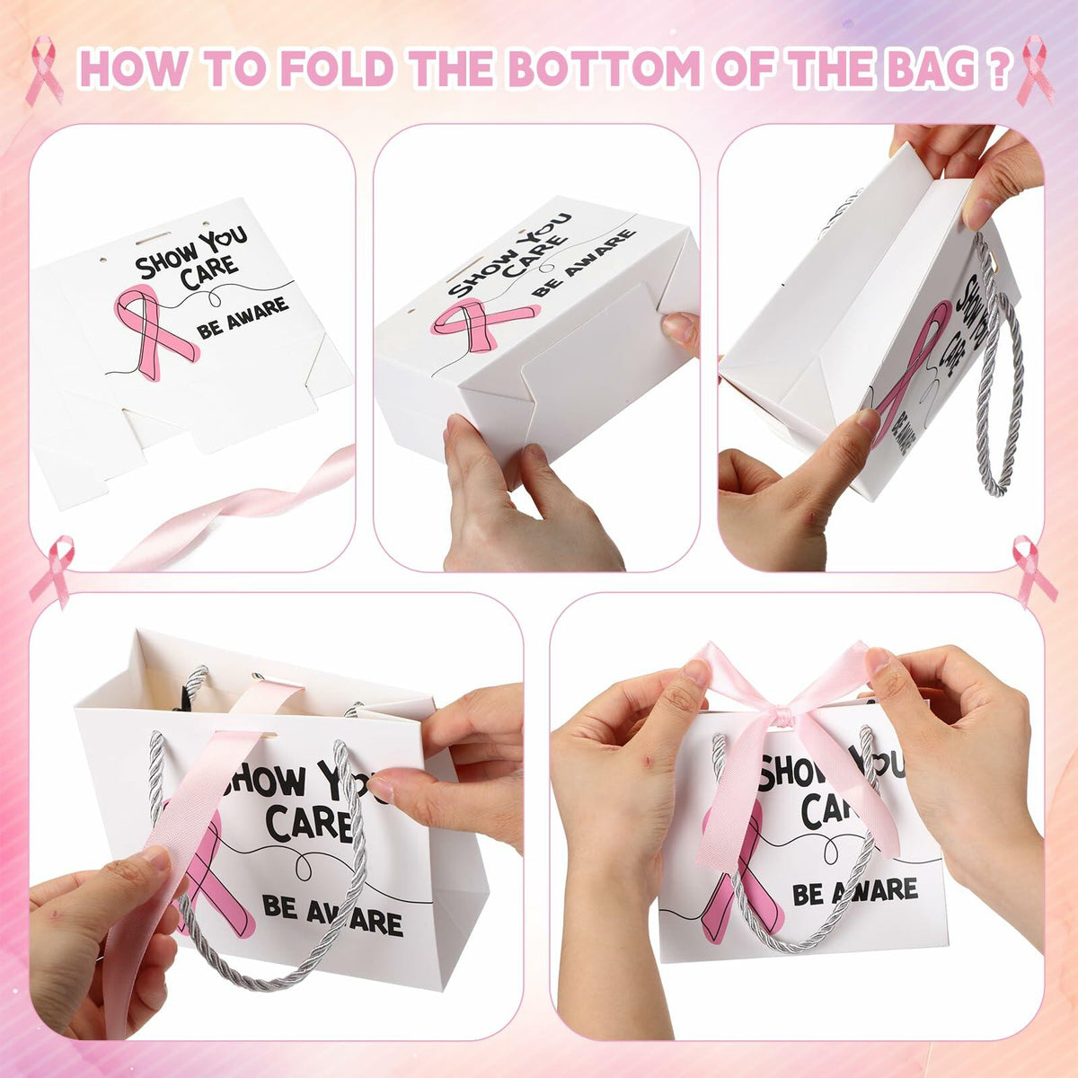 Weekgrat 25 Pack Breast Cancer Awareness Gift Bags Pink Ribbon 5.51x2.36x4.72in