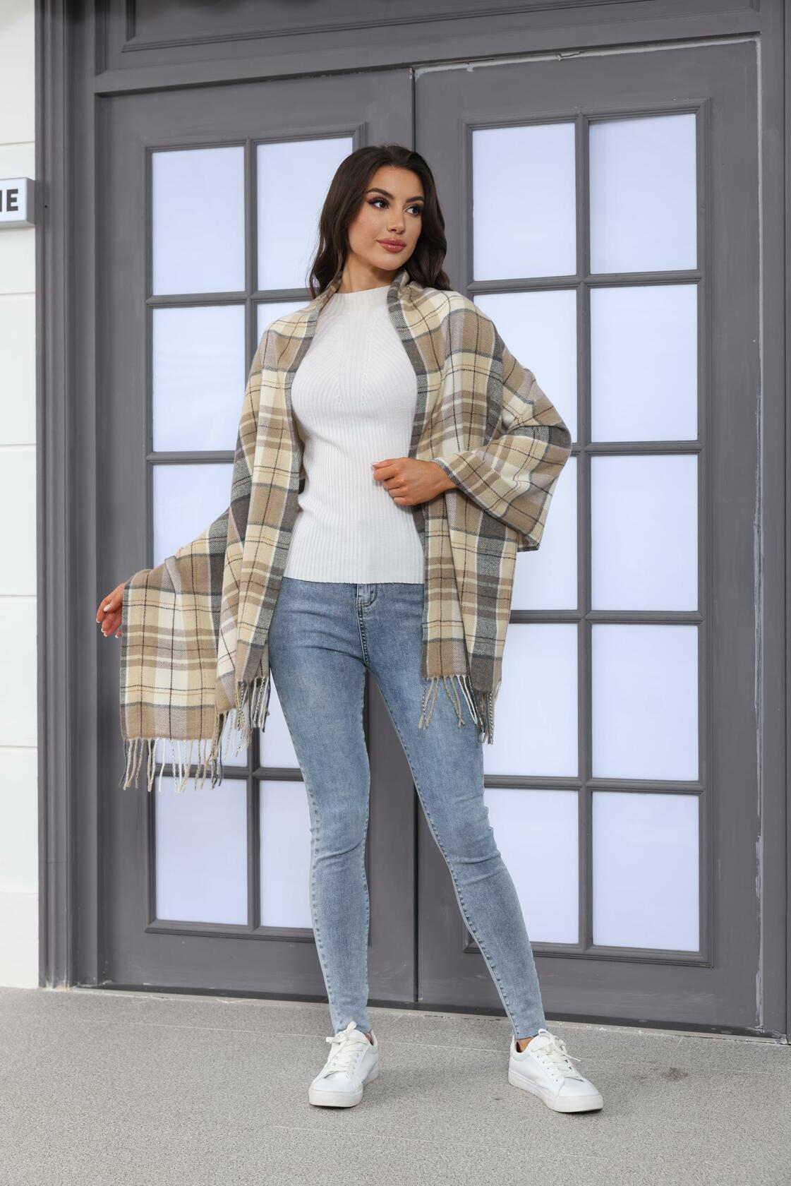 HUSG20 Plaid Scarf Women Gray Square Lattice Winter Fall Spring Accessory